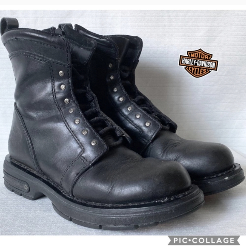 Harley-Davidson Black Leather Lace-Up Moto Boots
